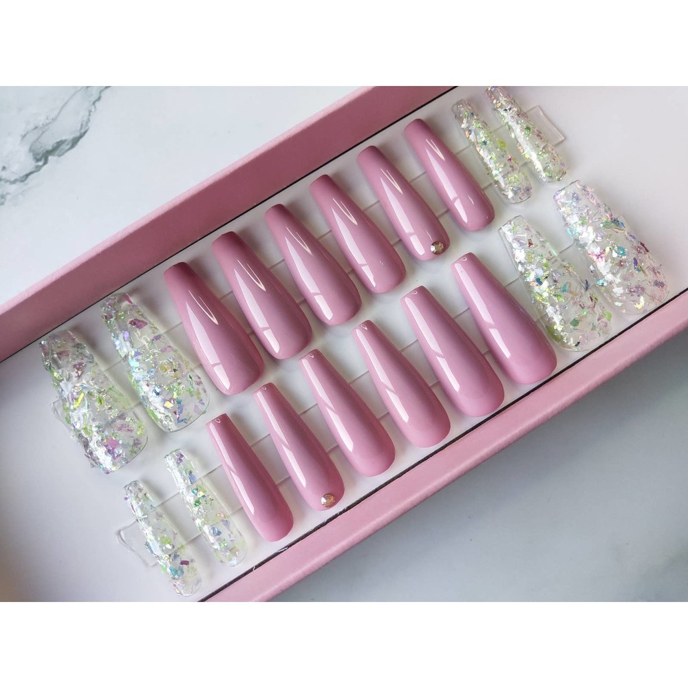 Teenage Dream Pink Long Coffin Gloss Finish Press On Nails Long